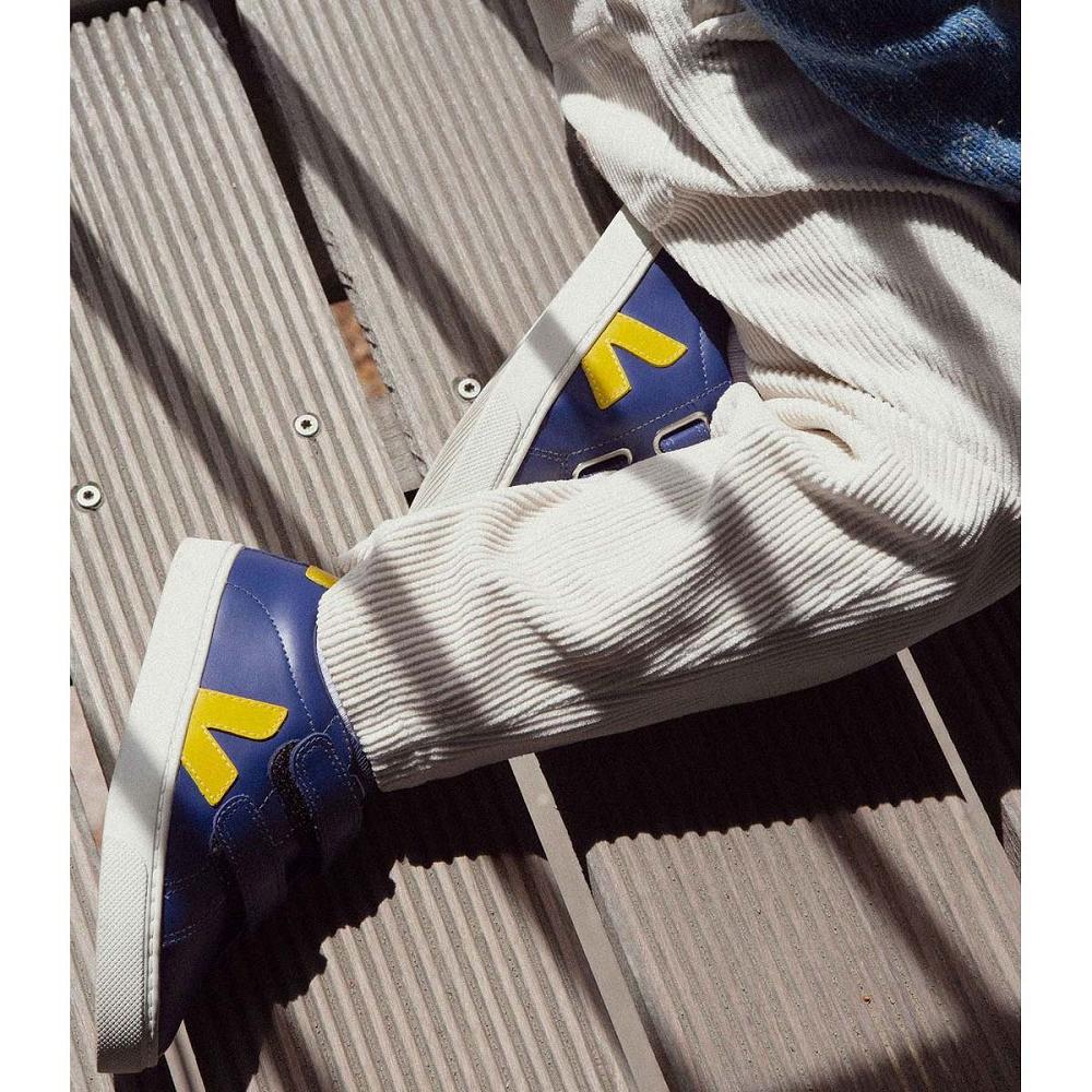 Navy/Yellow Kids' Veja ESPLAR LEATHER Sneakers | AU 813YXF